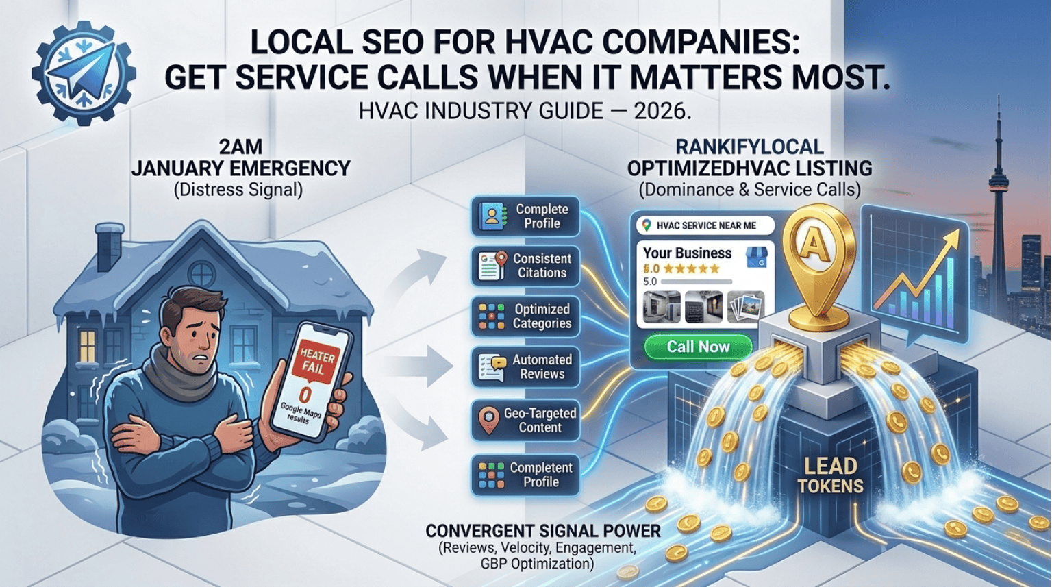 Local SEO for HVAC Companies — Get More Service Calls from Google Maps HVAC Industry Guide — 2026 When a furnace breaks at 2am in January, homeowners do not scroll past the first three Google Maps results. They call the first company they see with good reviews and a professional listing. This guide shows HVAC contractors exactly how to be that company — in every neighbourhood you serve.